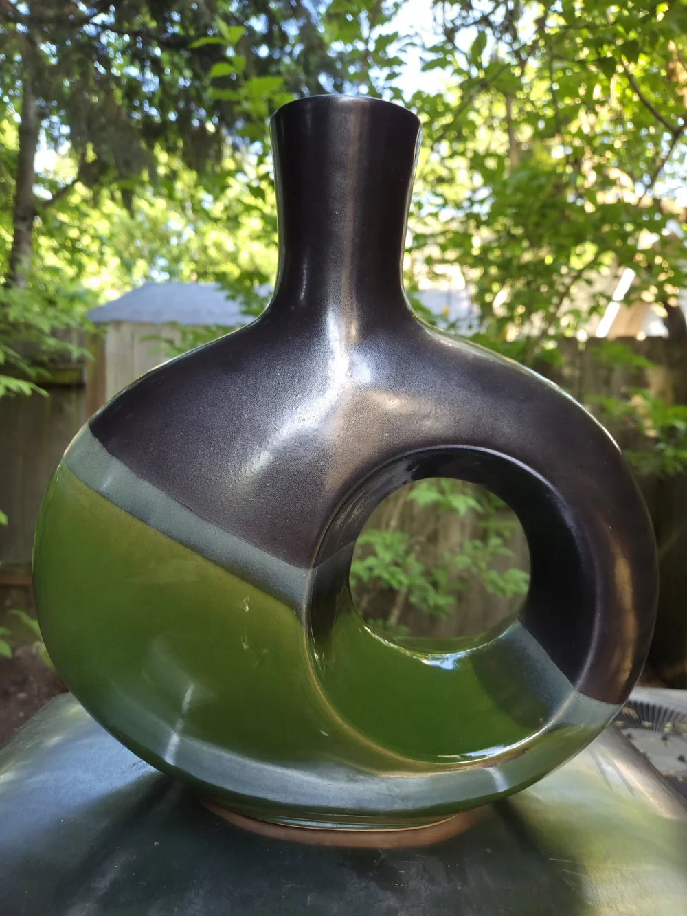 Pier 1 Two-Tone Green and Charcoal Ceramic Hole Vase